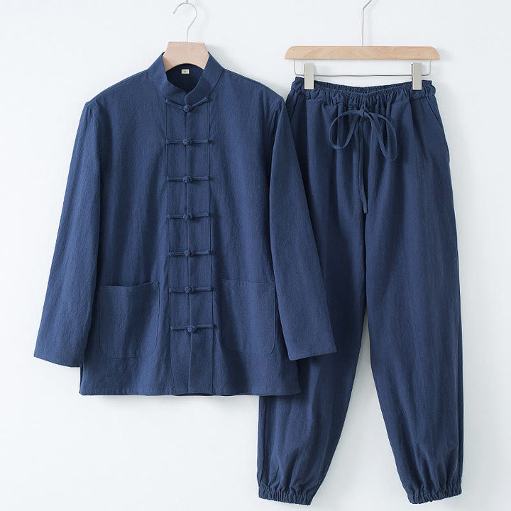 Buddha Stones瞑想カエルボタン唐草長袖シャツパンツメンズスーツ - ダークブルーのシャツとダークブルーのパンツ - US/UK/AU44、 EU54 (4XL) - image 12