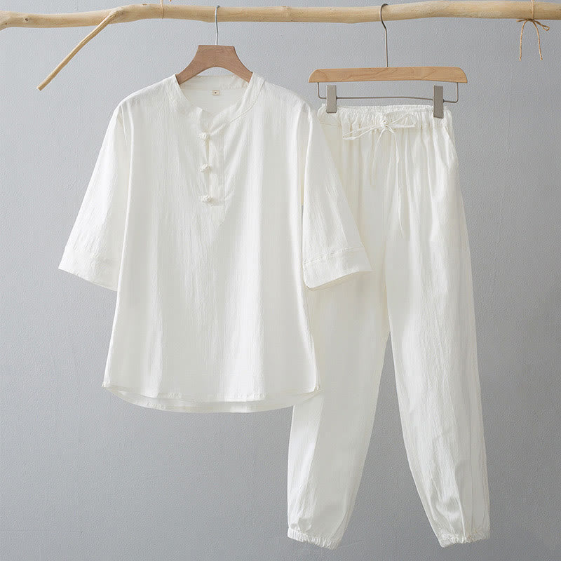 Buddha Stonesフロッグボタン 七分袖シャツパンツ メンズスーツ - 白シャツ＆白パンツ - US/UK/AU44、 EU54 (4XL) - image 1
