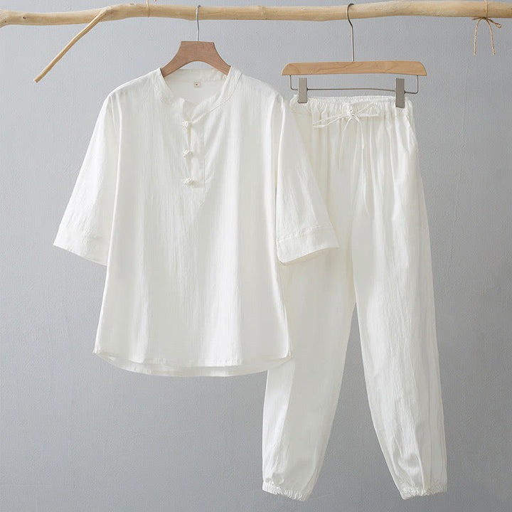 Buddha Stonesフロッグボタン 七分袖シャツパンツ メンズスーツ - 白シャツ＆白パンツ - US/UK/AU44、 EU54 (4XL) - image 1