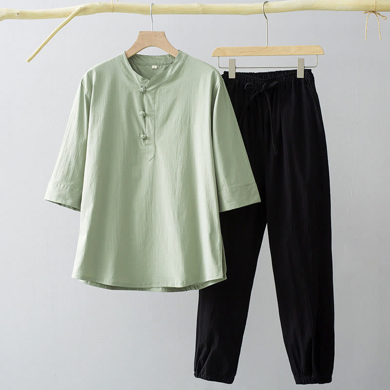 Buddha Stonesフロッグボタン 七分袖シャツパンツ メンズスーツ - ダークシーグリーンシャツ＆ブラックパンツ - US/UK/AU44、 EU54 (4XL) - image 6