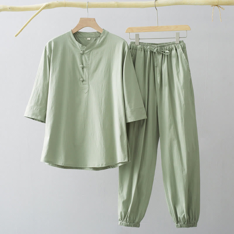 Buddha Stonesフロッグボタン 七分袖シャツパンツ メンズスーツ - ダークシーグリーンシャツ＆ダークシーグリーンパンツ - US/UK/AU44、 EU54 (4XL) - image 5