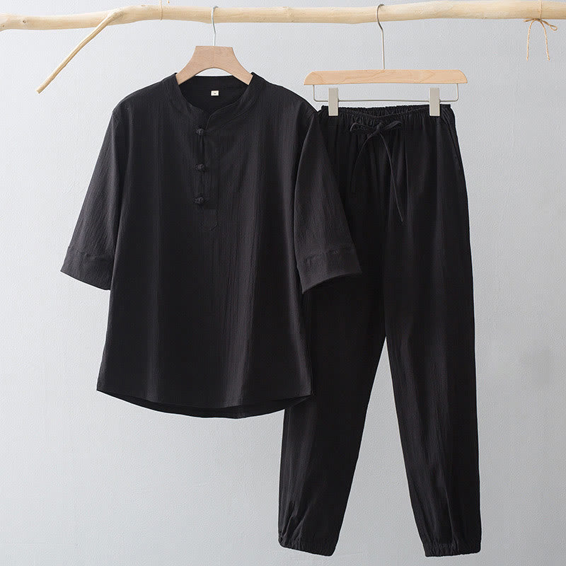 Buddha Stonesフロッグボタン 七分袖シャツパンツ メンズスーツ - 黒シャツ＆黒パンツ - US/UK/AU44、 EU54 (4XL) - image 3