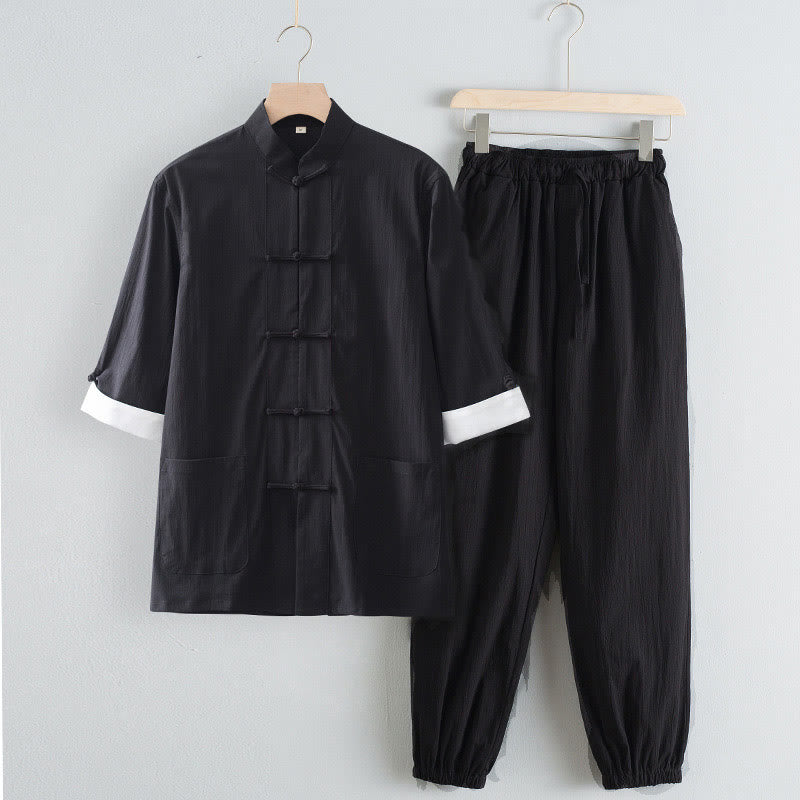 Buddha Stones唐蛙ボタン七分袖シャツパンツメンズスーツ