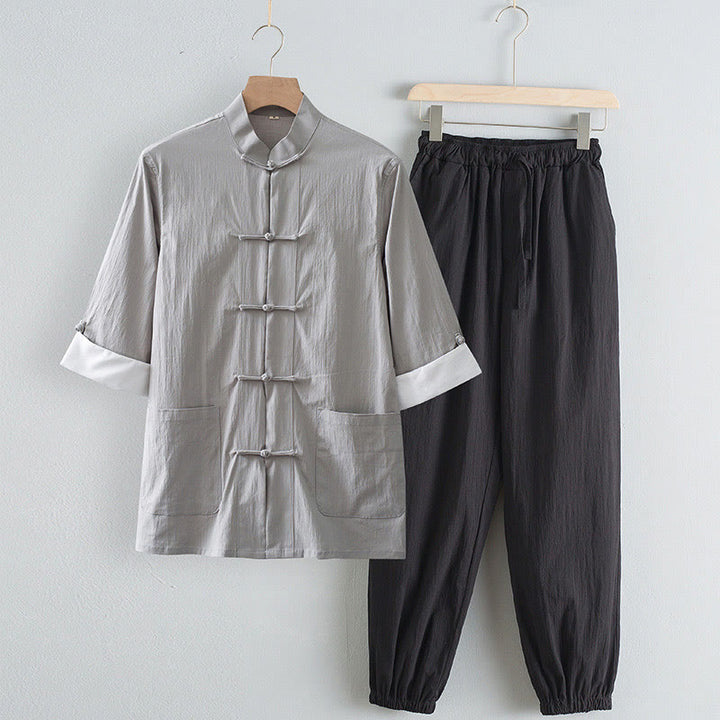 Buddha Stones唐蛙ボタン七分袖シャツパンツメンズスーツ