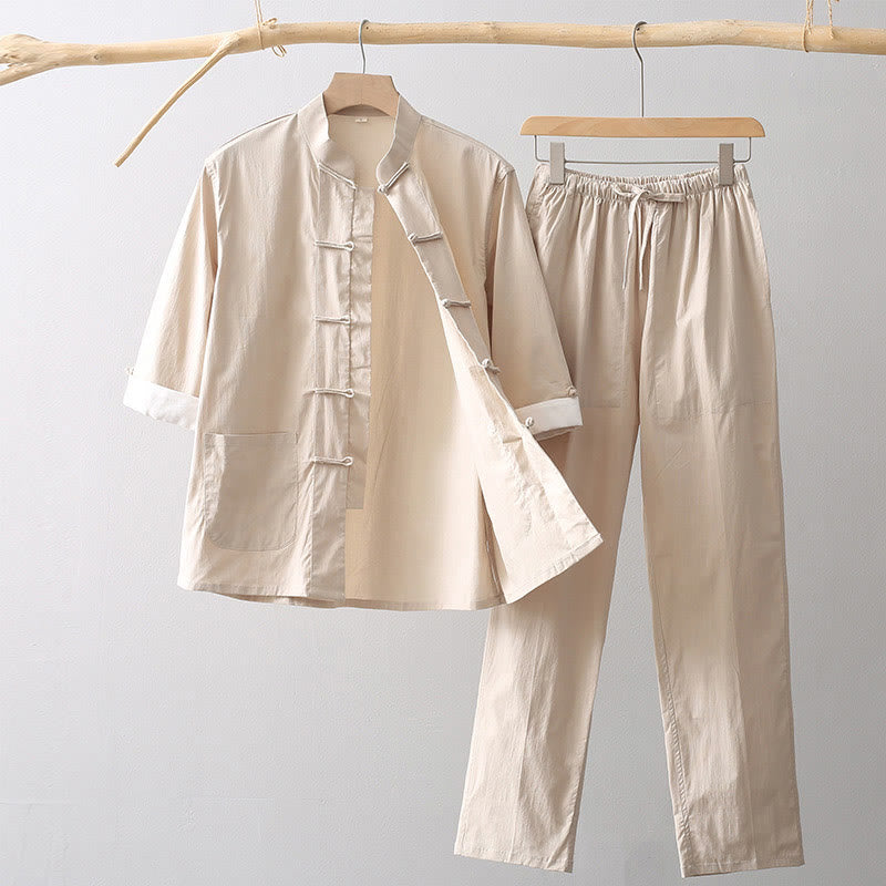 Buddha Stones Tang フロッグボタン 七分袖シャツ ワイドレッグパンツ コットンリネン メンズスーツ - 小麦 - US/UK/AU44、 EU54 (4XL) - image 0