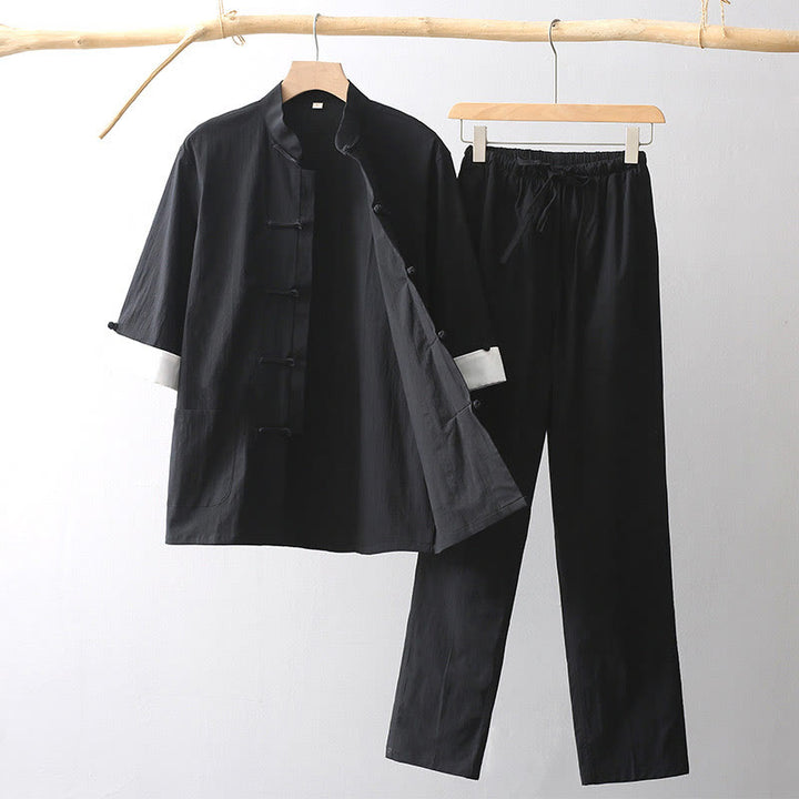 Buddha Stones Tang フロッグボタン 七分袖シャツ ワイドレッグパンツ コットンリネン メンズスーツ - 黒 - US/UK/AU44、 EU54 (4XL) - image 7