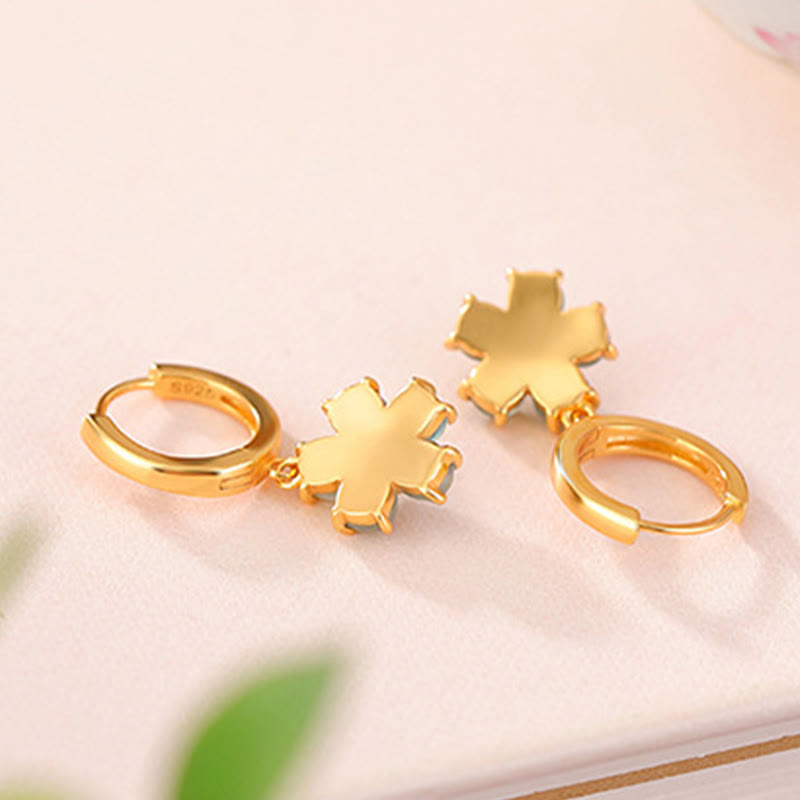 Buddha Stones925 スターリングシルバー ゴールドメッキ グリーン翡翠 フラワーデザイン 幸運 繁栄 イヤリング  - image 2