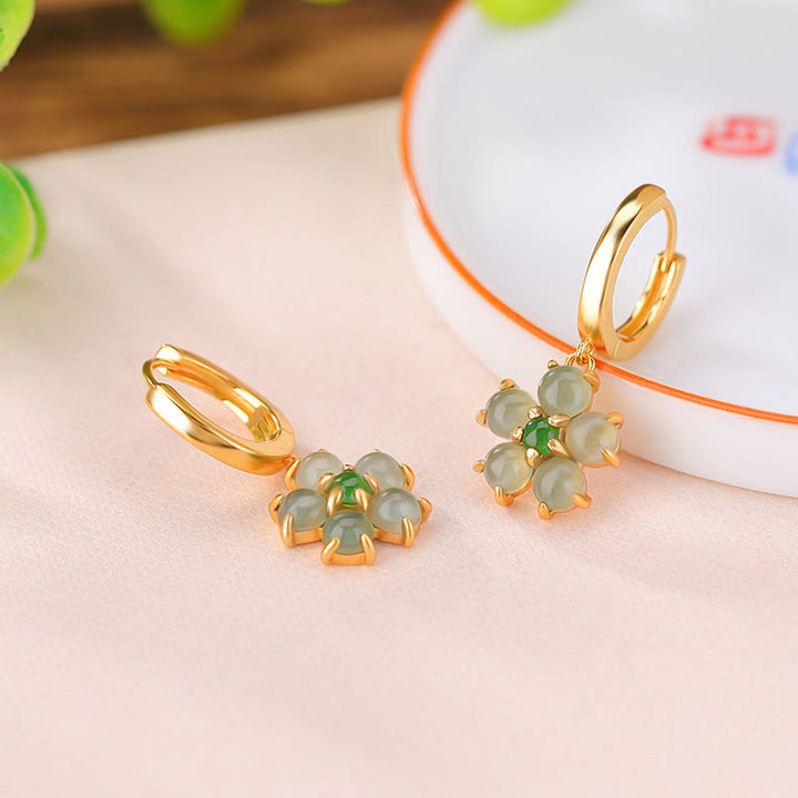 Buddha Stones925 スターリングシルバー ゴールドメッキ グリーン翡翠 フラワーデザイン 幸運 繁栄 イヤリング