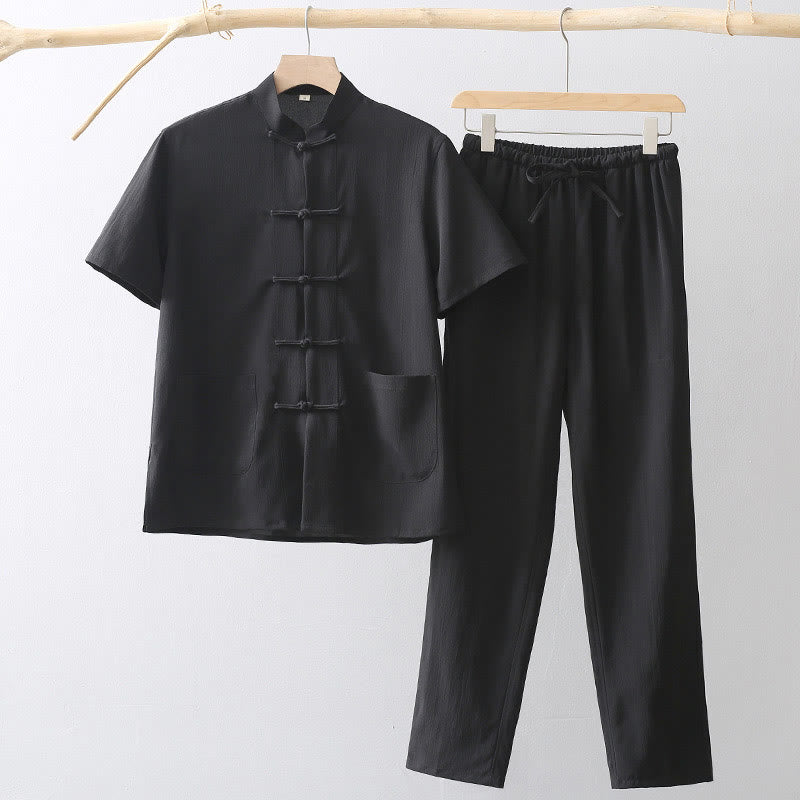 Buddha Stones唐蛙ボタン半袖シャツワイドレッグパンツメンズスーツ
