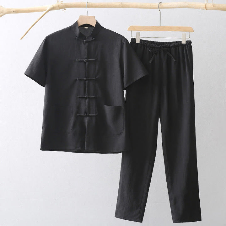 Buddha Stones唐蛙ボタン半袖シャツワイドレッグパンツメンズスーツ