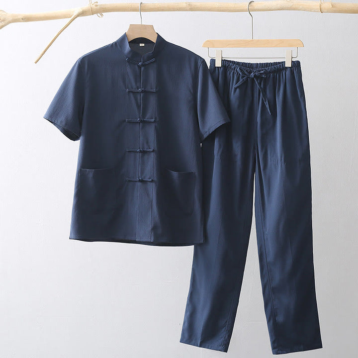 Buddha Stones唐蛙ボタン半袖シャツワイドレッグパンツメンズスーツ