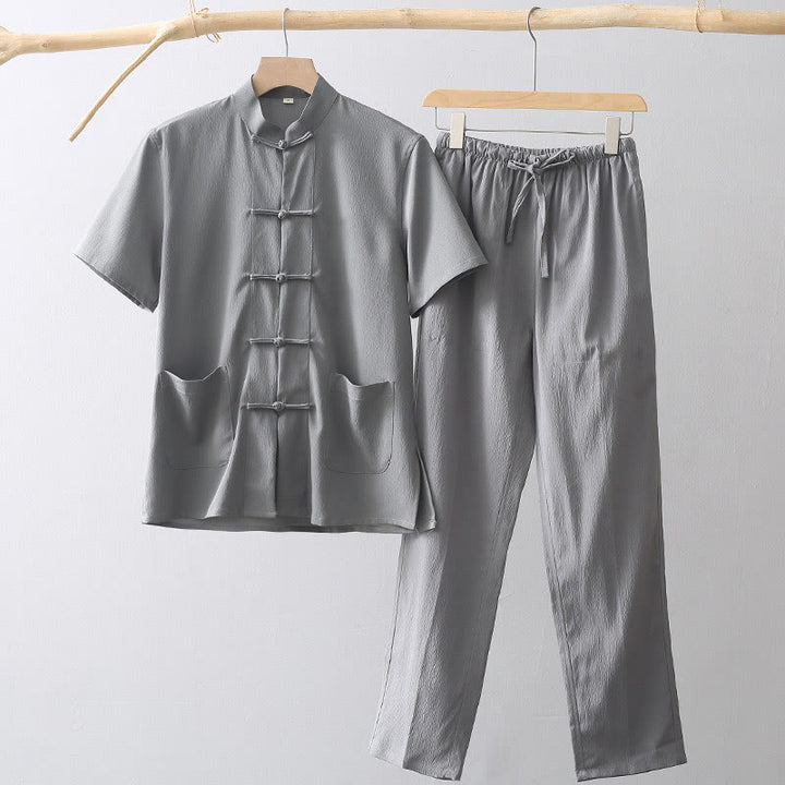 Buddha Stones唐蛙ボタン半袖シャツワイドレッグパンツメンズスーツ