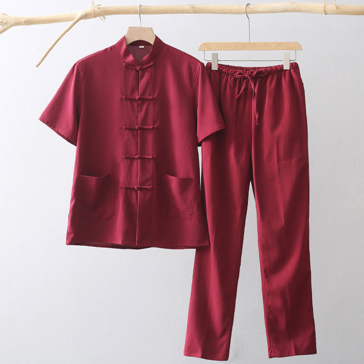 Buddha Stones唐蛙ボタン半袖シャツワイドレッグパンツメンズスーツ