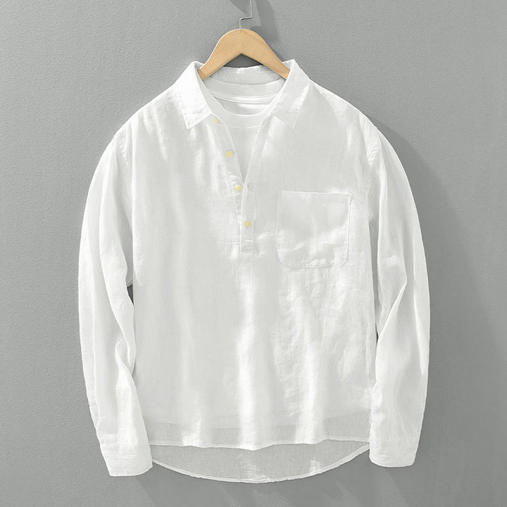 Buddha Stones無地 ゆったり 長袖 ハーフボタン シャツ リネン メンズ 服 - 白 - US/UK/AU42、 EU52 (3XL) - image 1