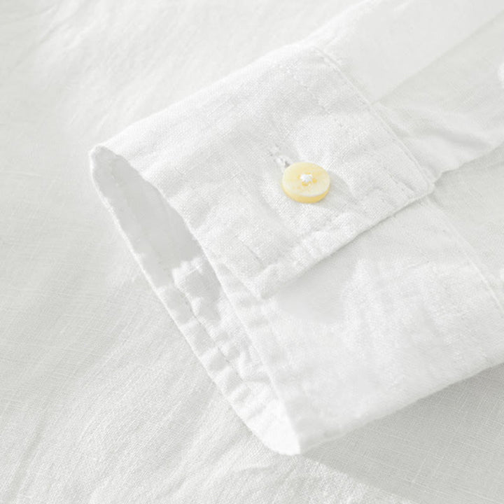 Buddha Stones無地 ゆったり 長袖 ハーフボタン シャツ リネン メンズ 服 - image 3