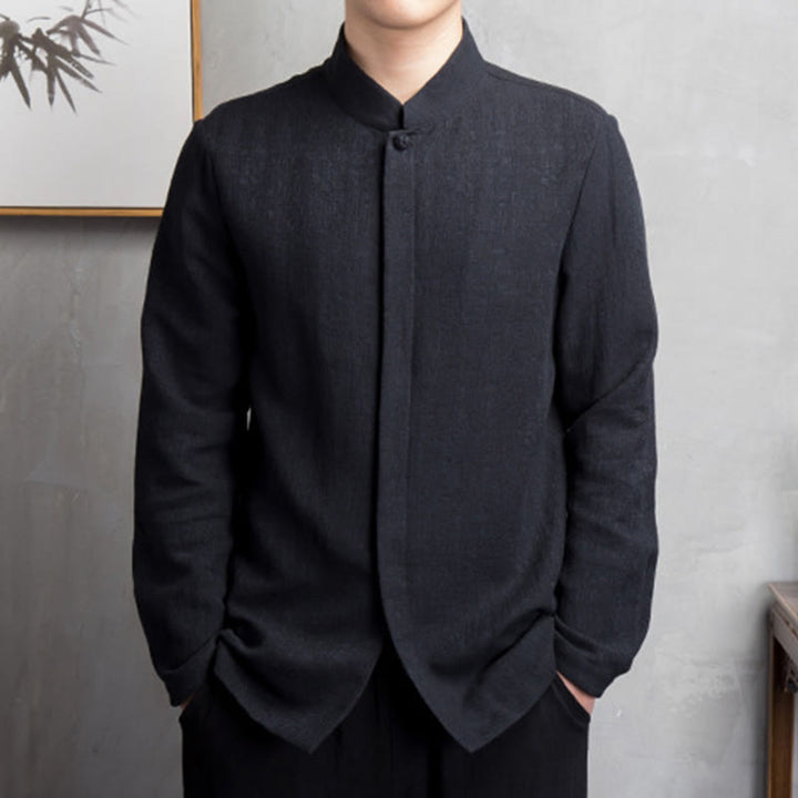 Buddha Stones無地中国唐装コットンリネンジャケットメンズ服 - 黒 - US/UK/AU44、 EU54 (4XL) - image 7