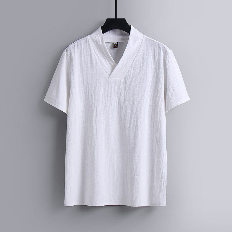 Buddha StonesゆったりメンズTシャツ 無地トップス 半袖 Vネック 通気性 リネンシャツ - 白 - US/UK/AU54、 EU64 (9XL) - image 1