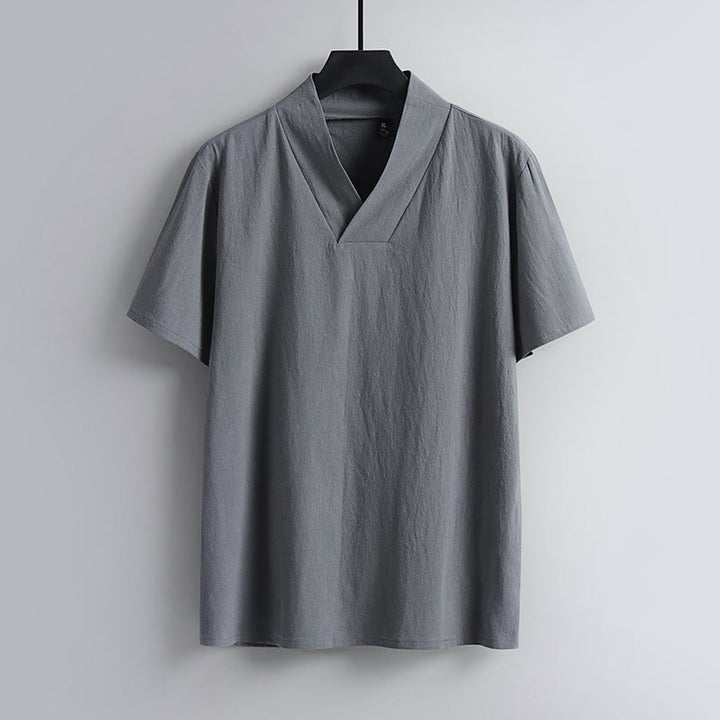 Buddha StonesゆったりメンズTシャツ 無地 半袖 Vネック 通気性のあるコットンリネンシャツ - グレー - US/UK/AU54、 EU64 (9XL) - image 0