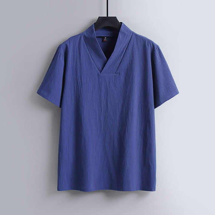 Buddha StonesゆったりメンズTシャツ 無地トップス 半袖 Vネック 通気性 リネンシャツ - ロイヤルブルー - US/UK/AU54、 EU64 (9XL) - image 3