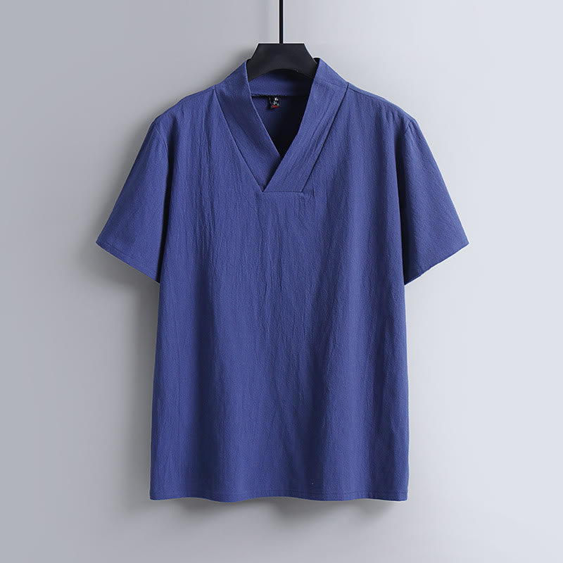 Buddha StonesゆったりメンズTシャツ 無地トップス 半袖 Vネック 通気性 リネンシャツ - ロイヤルブルー - US/UK/AU54、 EU64 (9XL) - image 3