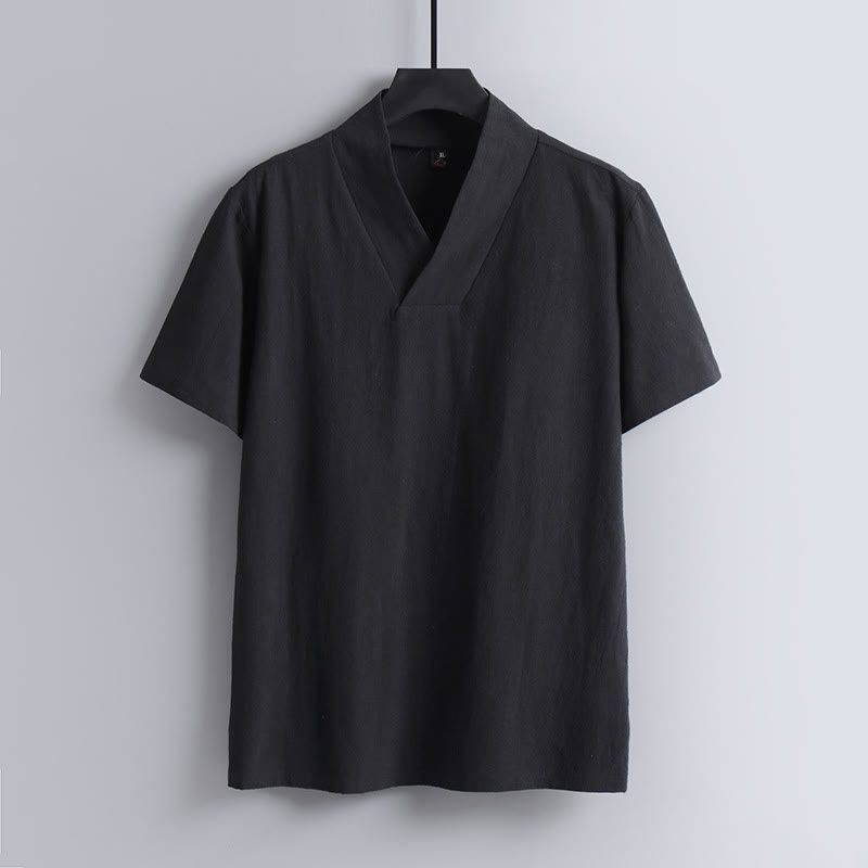 Buddha StonesゆったりメンズTシャツ 無地トップス 半袖 Vネック 通気性 リネンシャツ - 黒 - US/UK/AU54、 EU64 (9XL) - image 3