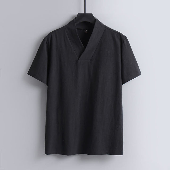 Buddha StonesゆったりメンズTシャツ 無地トップス 半袖 Vネック 通気性 リネンシャツ - 黒 - US/UK/AU54、 EU64 (9XL) - image 3