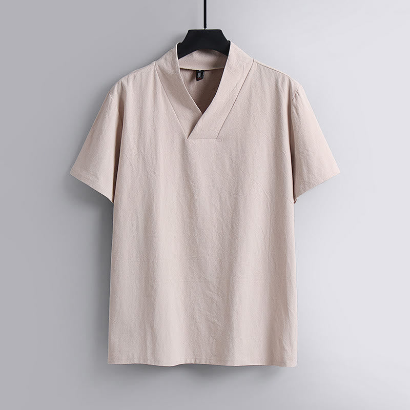 Buddha StonesゆったりメンズTシャツ 無地 半袖 Vネック 通気性のあるコットンリネンシャツ - ミスティローズ - US/UK/AU54、 EU64 (9XL) - image 4