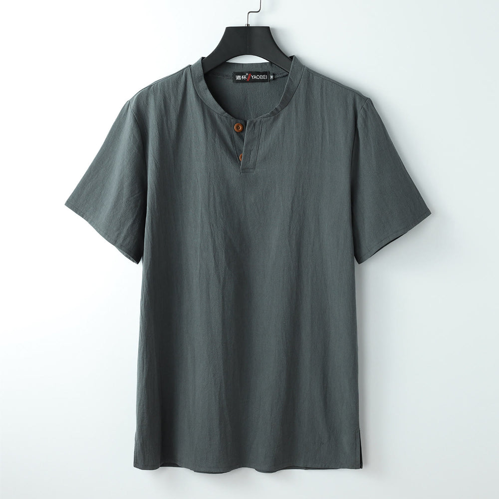 Buddha StonesゆったりメンズTシャツ 無地トップス 半袖 ボタン ノッチネック ソフトコットンリネンシャツ - グレー - US/UK/AU54、 EU64 (9XL) - image 1
