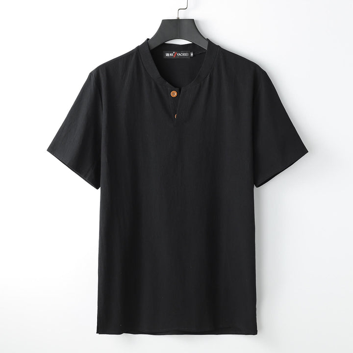 Buddha StonesゆったりメンズTシャツ 無地トップス 半袖 ボタン ノッチネック ソフトコットンリネンシャツ - 黒 - US/UK/AU54、 EU64 (9XL) - image 2