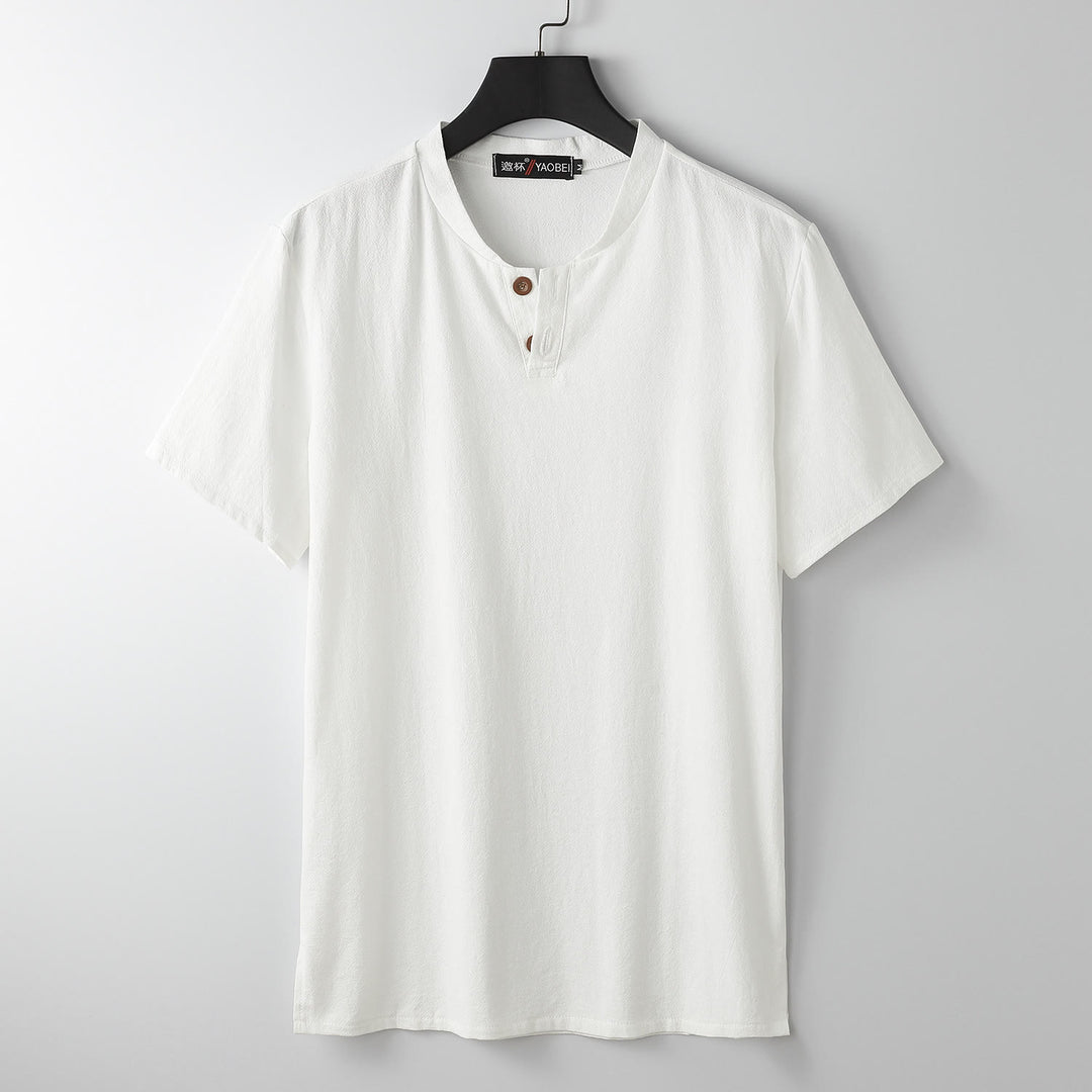 Buddha StonesゆったりメンズTシャツ 無地トップス 半袖 ボタン ノッチネック ソフトコットンリネンシャツ - 白 - US/UK/AU54、 EU64 (9XL) - image 0