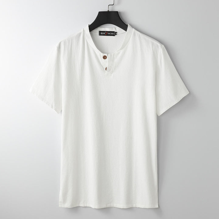 Buddha StonesゆったりメンズTシャツ 無地トップス 半袖 ボタン ノッチネック ソフトコットンリネンシャツ - 白 - US/UK/AU54、 EU64 (9XL) - image 0