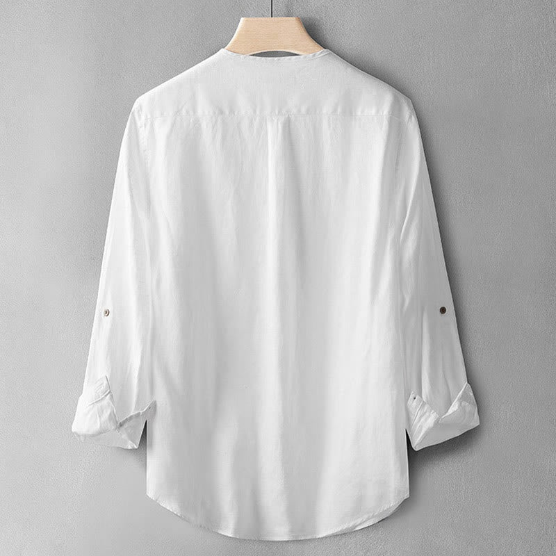 Buddha Stones無地長袖ボタンシャツリネンメンズ服 - image 12