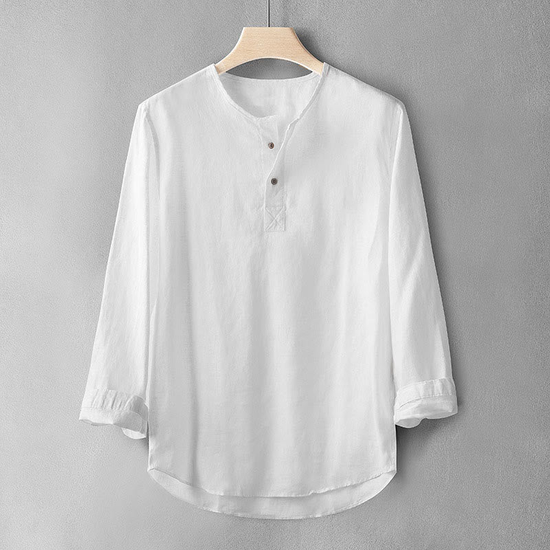 Buddha Stones無地長袖ボタンシャツリネンメンズ服 - 白 - US/UK/AU42、 EU52 (3XL) - image 1