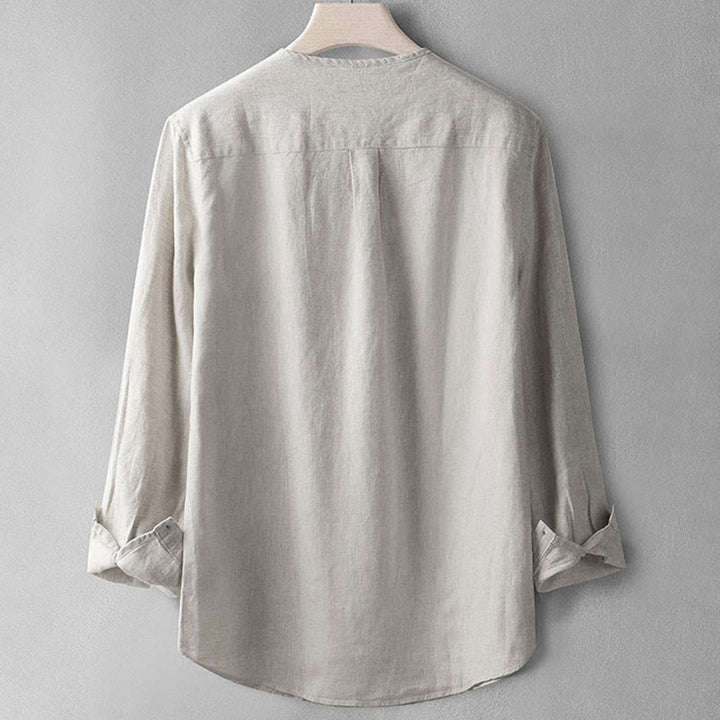 Buddha Stones無地長袖ボタンシャツリネンメンズ服 - image 11