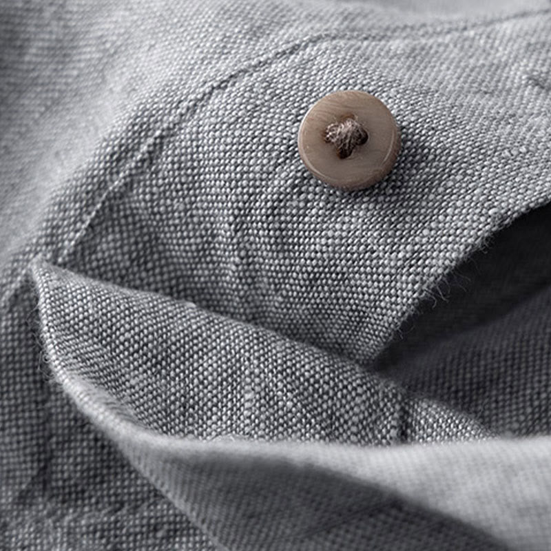 Buddha Stones無地長袖ボタンシャツリネンメンズ服 - image 7