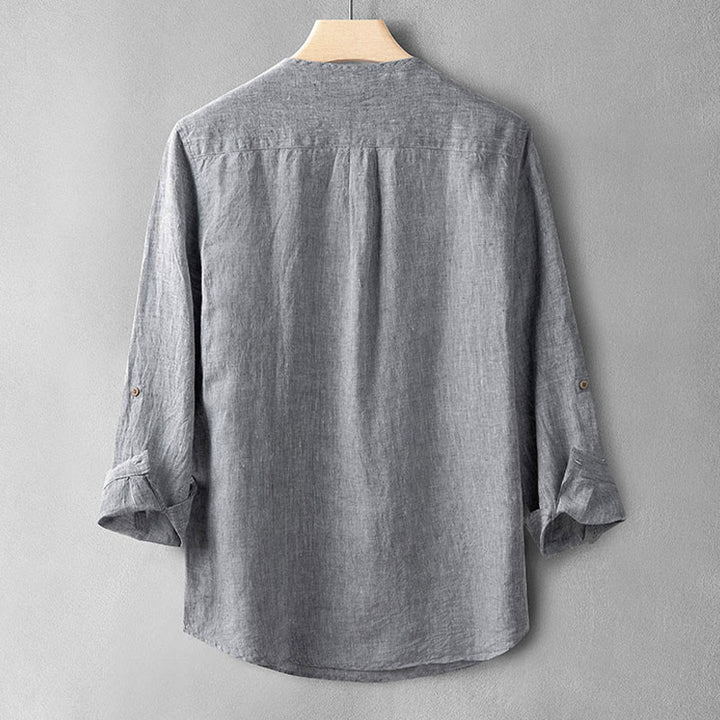 Buddha Stones無地長袖ボタンシャツリネンメンズ服 - image 13