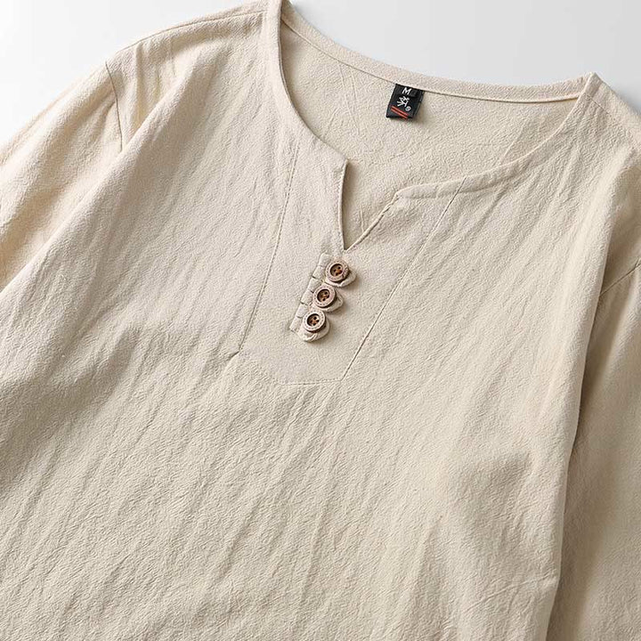 Buddha Stones無地長袖ボタンシャツコットンリネンメンズ服 - image 6