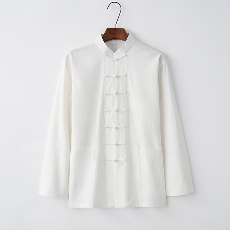 Buddha Stones唐蛙ボタン長袖シャツ コットン メンズ服 - 白 - US/UK/AU44、 EU54 (4XL) - image 1