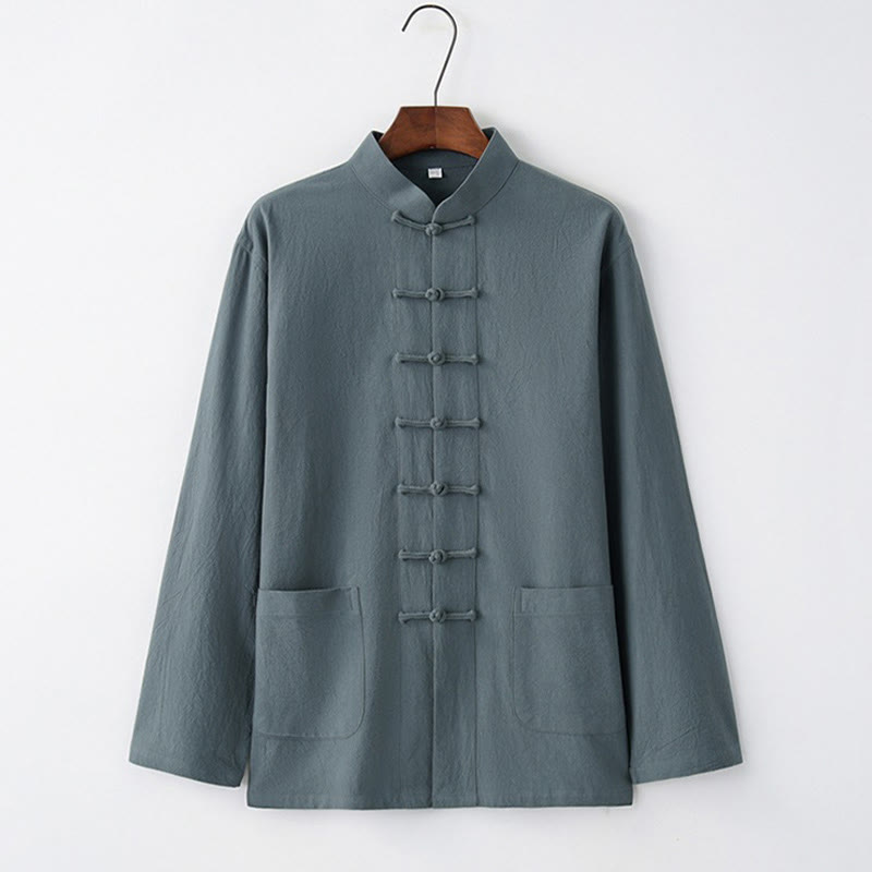 Buddha Stones唐蛙ボタン長袖シャツ コットン メンズ服 - ライトスチールブルー - US/UK/AU44、 EU54 (4XL) - image 3