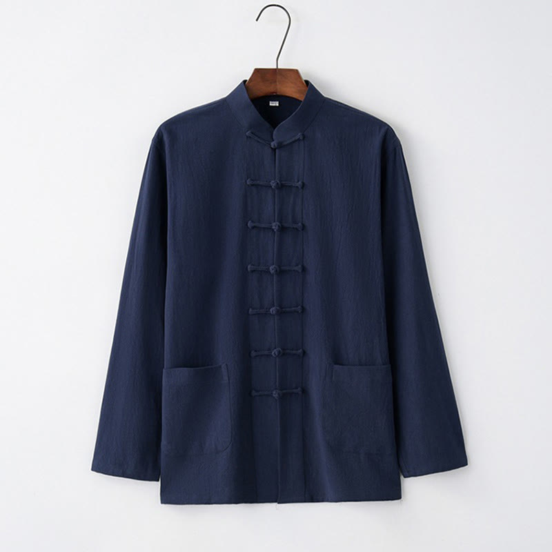 Buddha Stones唐蛙ボタン長袖シャツ コットン メンズ服 - ミッドナイトブルー - US/UK/AU44、 EU54 (4XL) - image 4