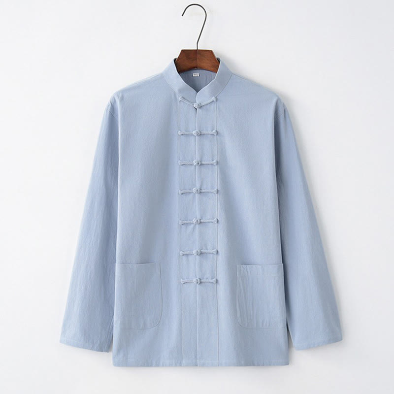 Buddha Stones唐蛙ボタン長袖シャツ コットン メンズ服 - ライトスカイブルー - US/UK/AU44、 EU54 (4XL) - image 6