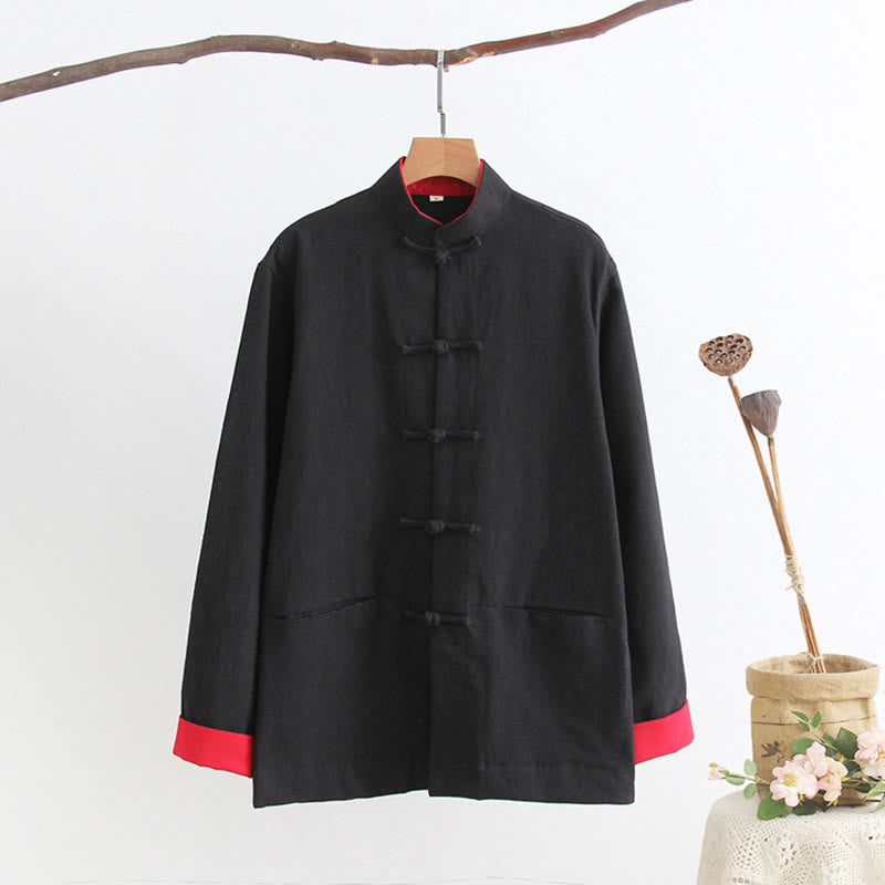 Buddha Stones唐蛙ボタン長袖シャツ コットンリネン メンズ服 - 黒 - US/UK/AU44、 EU54 (4XL) - image 3