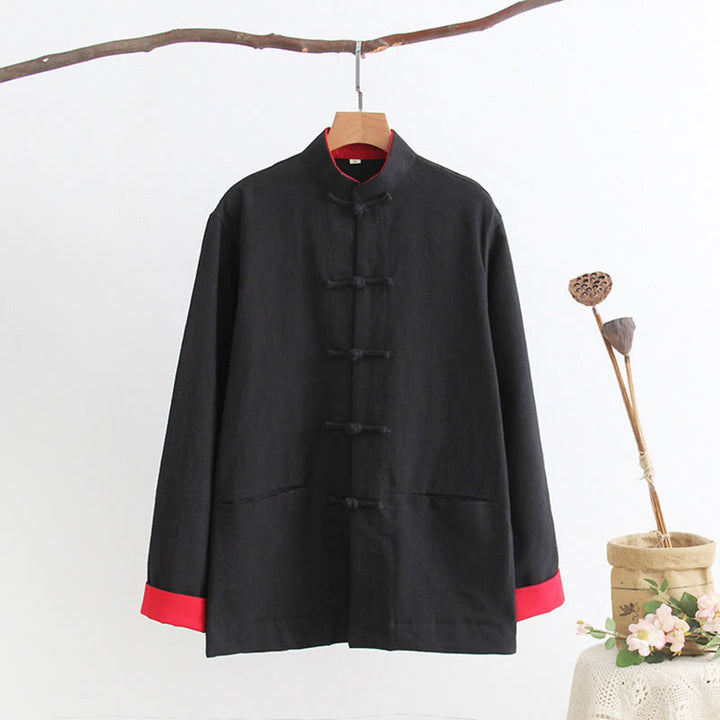 Buddha Stones唐蛙ボタン長袖シャツ コットンリネン メンズ服 - 黒 - US/UK/AU44、 EU54 (4XL) - image 3