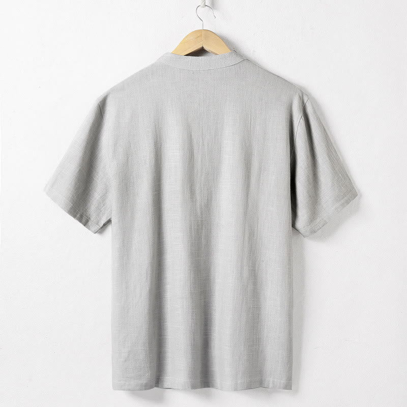 Buddha Stonesゆったりメンズシャツ 無地 ノッチネック トップス 半袖 快適 ボタン 通気性 コットンリネンシャツ - image 5