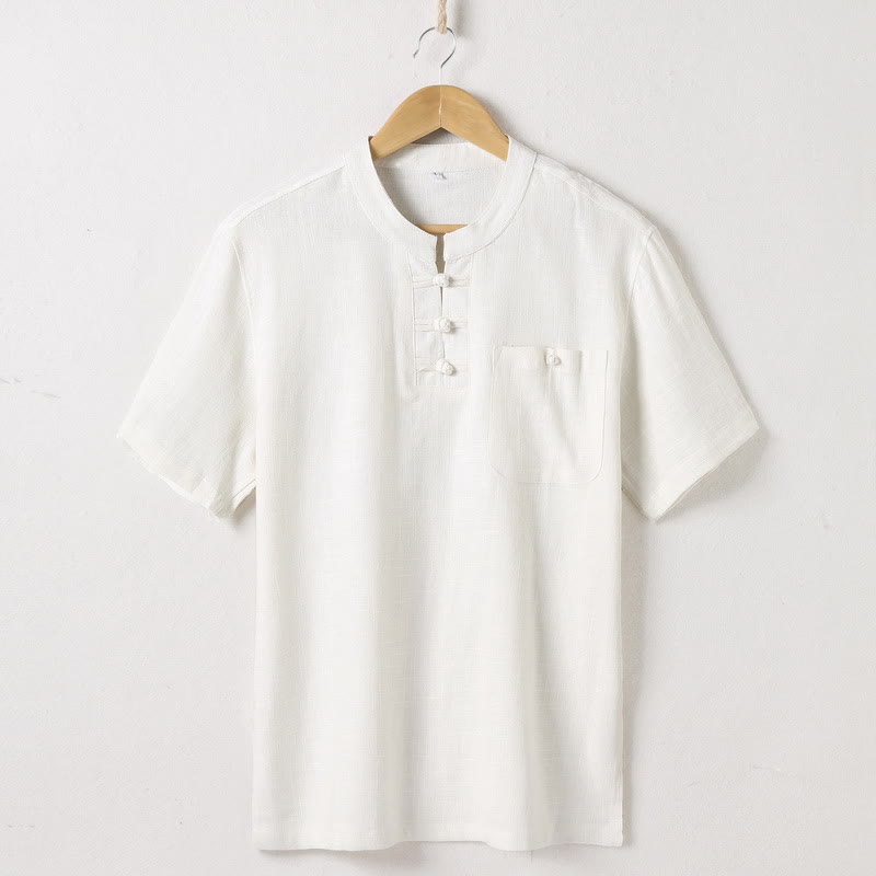 Buddha Stonesゆったりメンズシャツ 無地 ノッチネック トップス 半袖 快適 ボタン 通気性 コットンリネンシャツ - ベージュ - US/UK/AU46、 EU56 (5XL)  - image 1