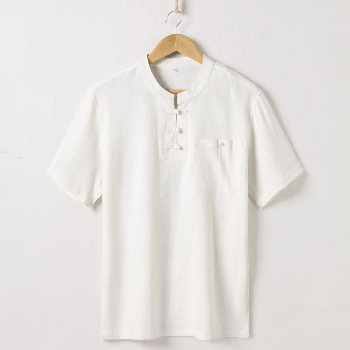 Buddha Stonesゆったりメンズシャツ 無地 ノッチネック トップス 半袖 快適 ボタン 通気性 コットンリネンシャツ - ベージュ - US/UK/AU46、 EU56 (5XL)  - image 1