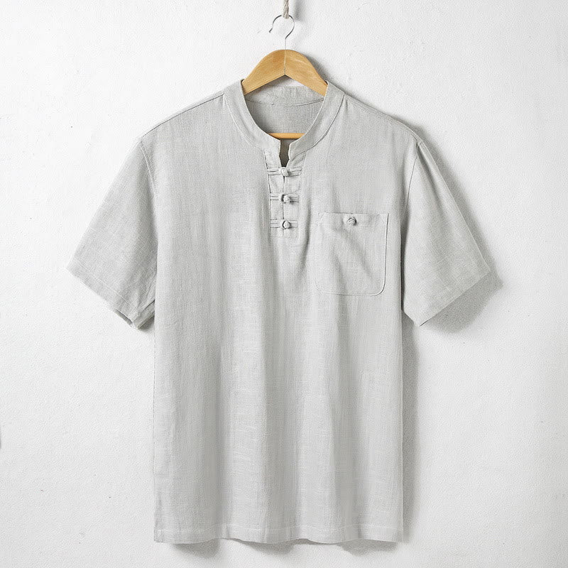 Buddha Stonesゆったりメンズシャツ 無地 ノッチネック トップス 半袖 快適 ボタン 通気性 コットンリネンシャツ - ゲインズボロ - US/UK/AU46、 EU56 (5XL)  - image 5