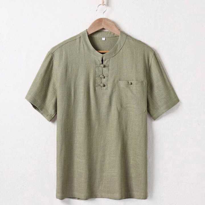 Buddha Stonesゆったりメンズシャツ 無地 ノッチネック トップス 半袖 快適 ボタン 通気性 コットンリネンシャツ - オリーブ - US/UK/AU46、 EU56 (5XL)  - image 1