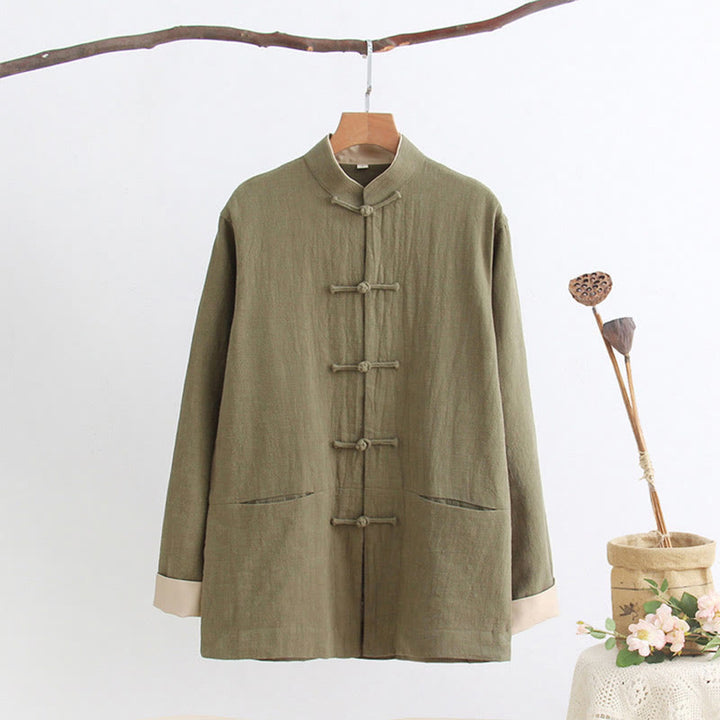 Buddha Stones唐蛙ボタン長袖シャツ コットンリネン メンズ服 - ダークカーキ - US/UK/AU44、 EU54 (4XL) - image 1