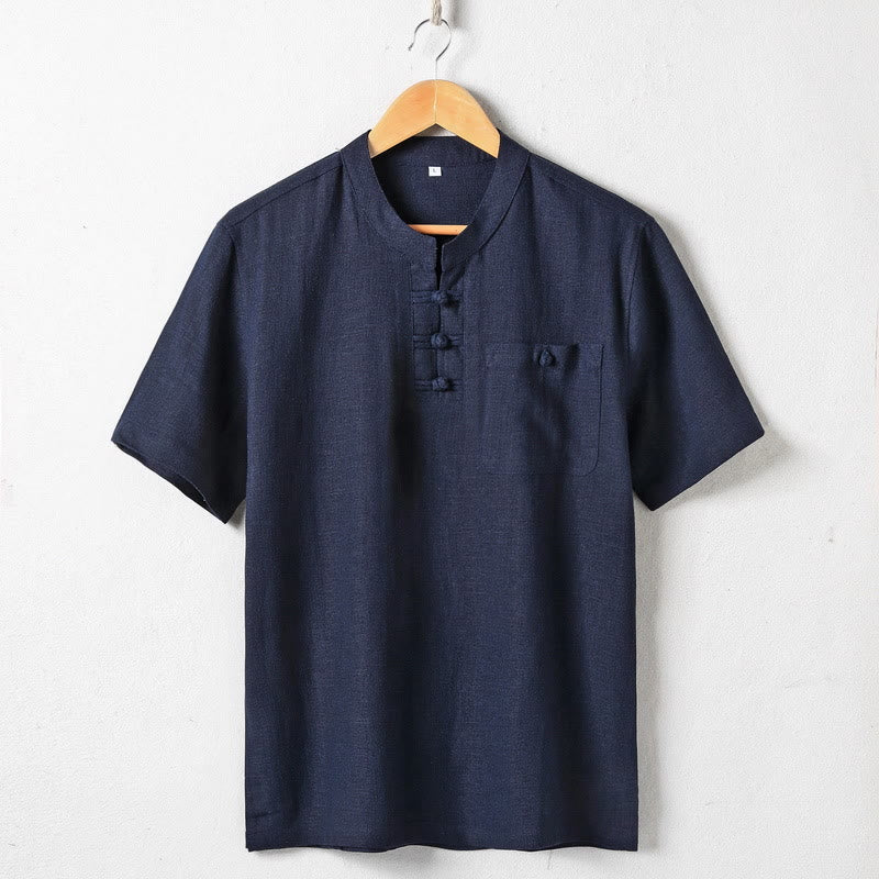 Buddha Stonesゆったりメンズシャツ 無地 ノッチネック トップス 半袖 快適 ボタン 通気性 コットンリネンシャツ - ミッドナイトブルー - US/UK/AU46、 EU56 (5XL)  - image 3